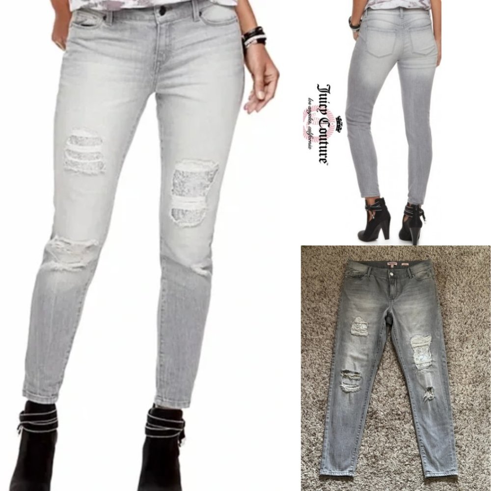 Juicy Couture Gray Denim Distressed Sequined Skinny Jeans sz 10